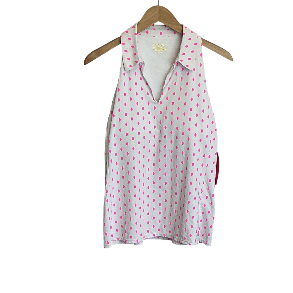 Lilly Pulitzer Lakelyn Bra Polo UPF 50+ Pink White Oval Dot Sleeveless Top L - Picture 2 of 9